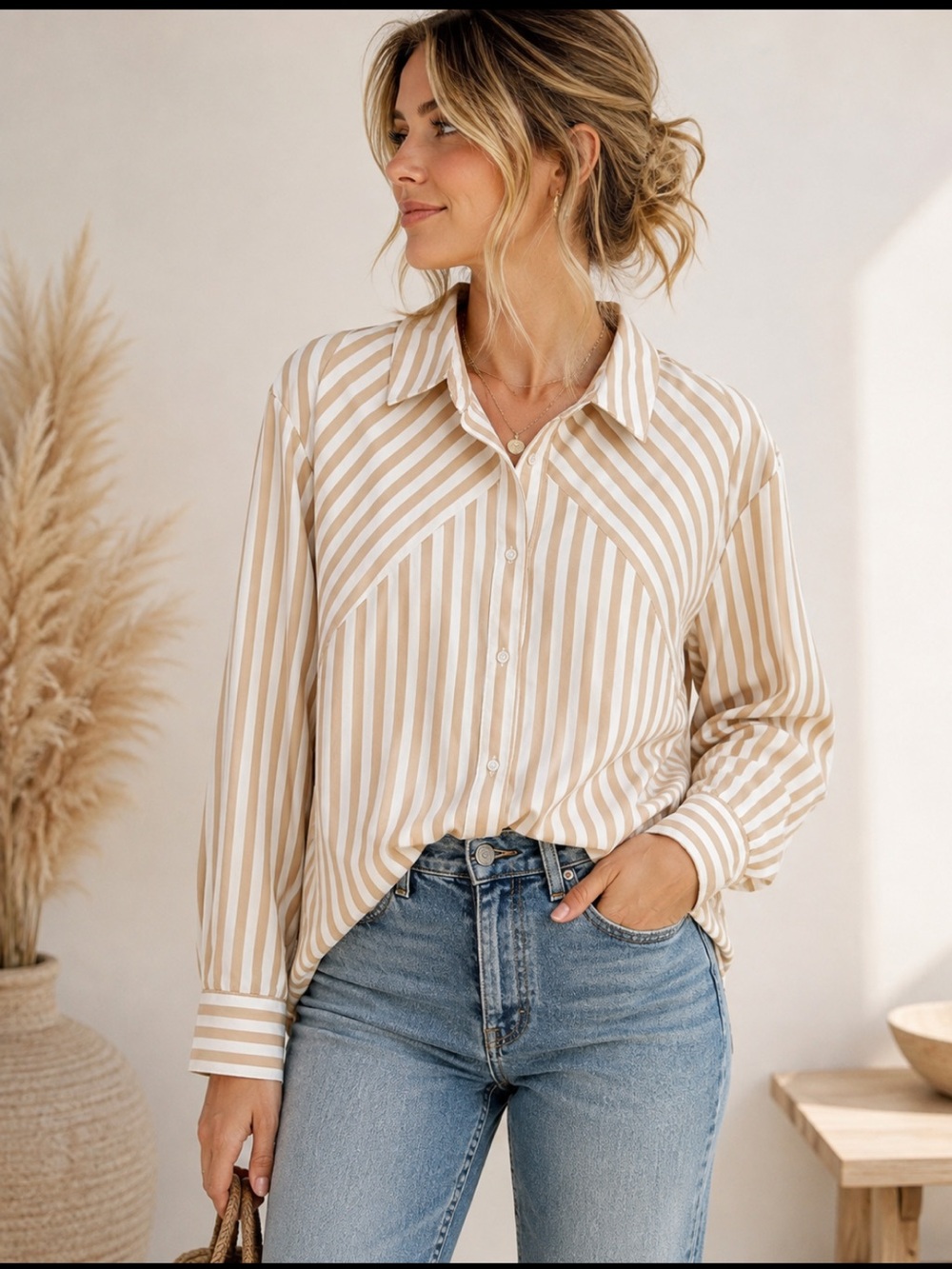 546 Olive and Oak Striped Button Down Shirt Medium Beige White Oversized Blouse